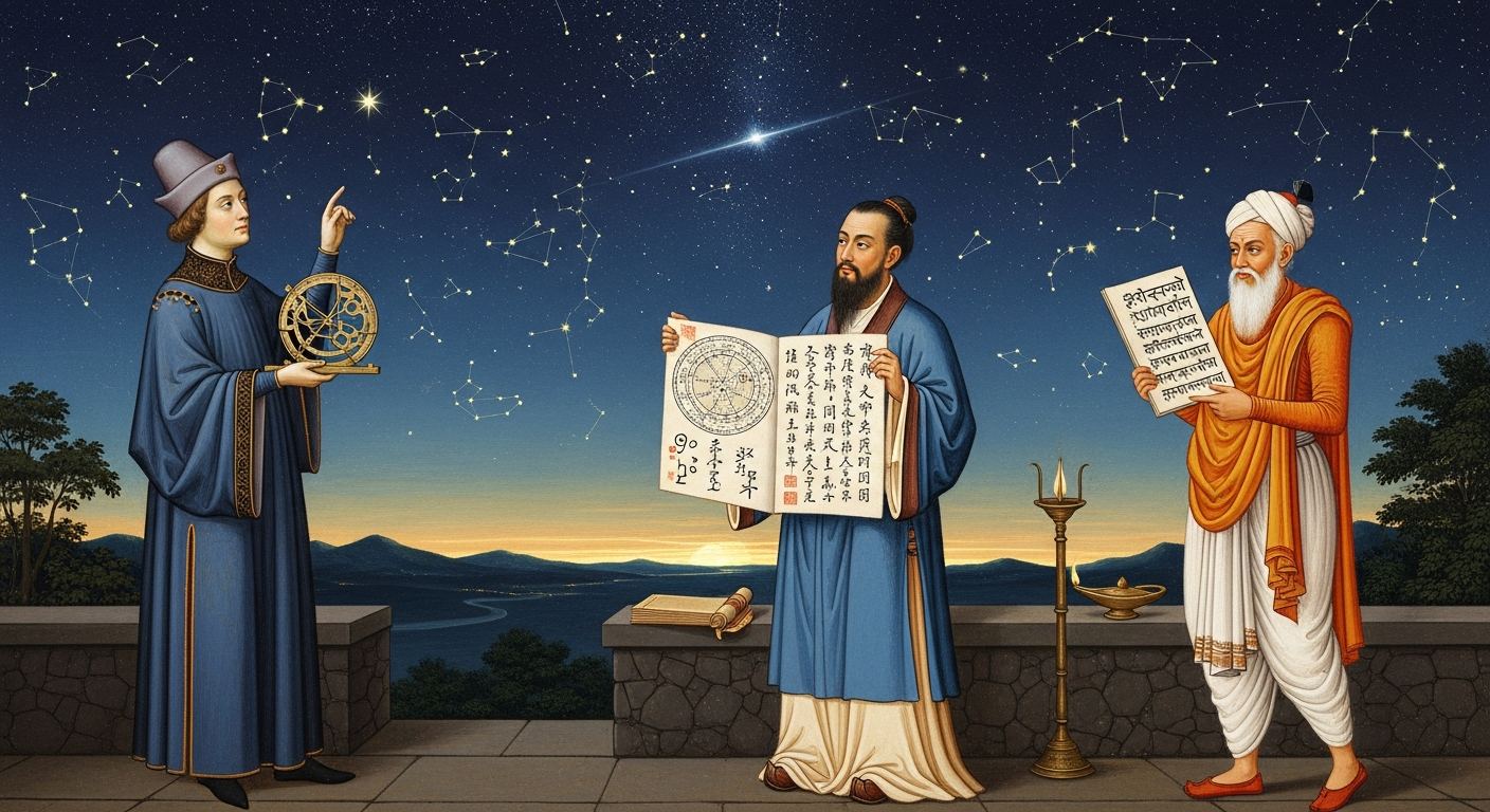 西洋占星術・インド占星術・四柱推命の3伝統を象徴する占星術師たちが星空を見上げて語り合う図