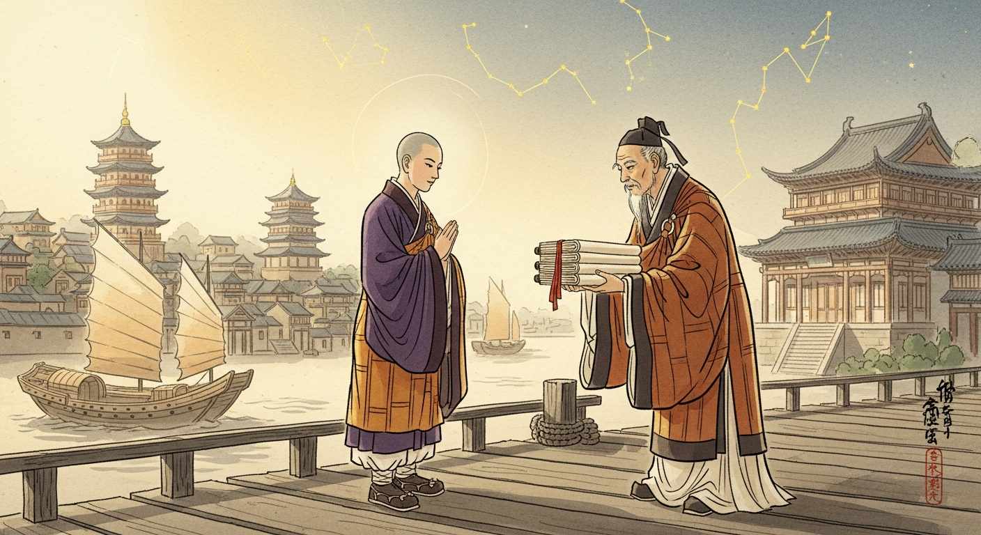 空海が唐から宿曜経を持ち帰る場面のイメージ（806年）