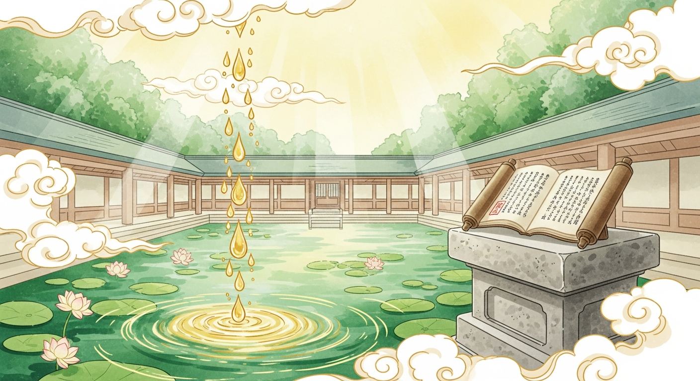 甘露日:天から金色の甘露が蓮池と経典に降り注ぐ仏教絵画イメージ