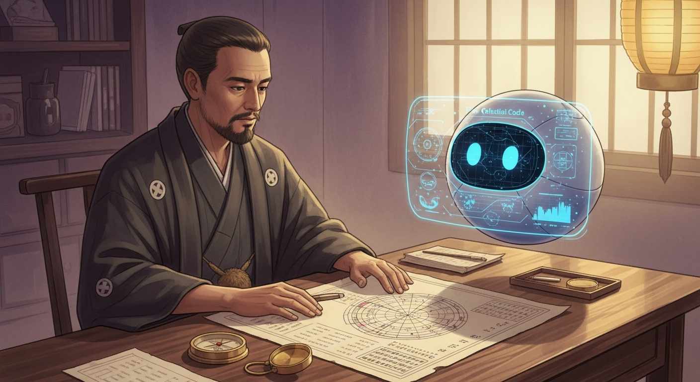 伝統占術家と AI ロボットが協調して生年月日データを分析するイメージ