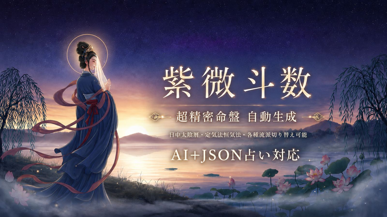 夜明けの川辺に佇む、青い衣をまとった女神・九天玄女のイラスト。背後の紫紺の夜空には紫微垣と北斗七星が金線で輝く。紫微斗数の祖・陳希夷に天の知恵を授けたという伝説をモチーフにしたヒーロー画像。