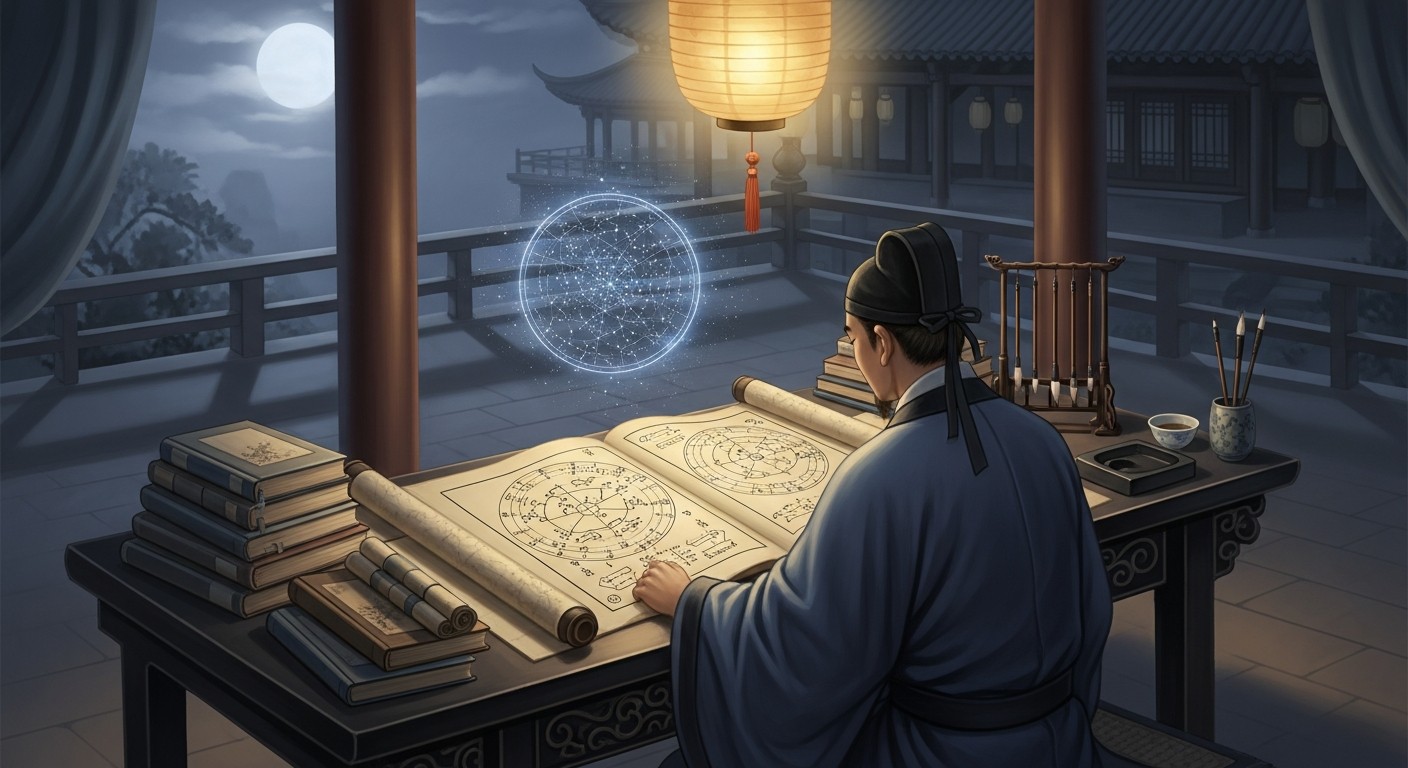 唐代の宿曜経を紐解く書斎 — 月夜の机上に星図と巻物が広がる古典絵画