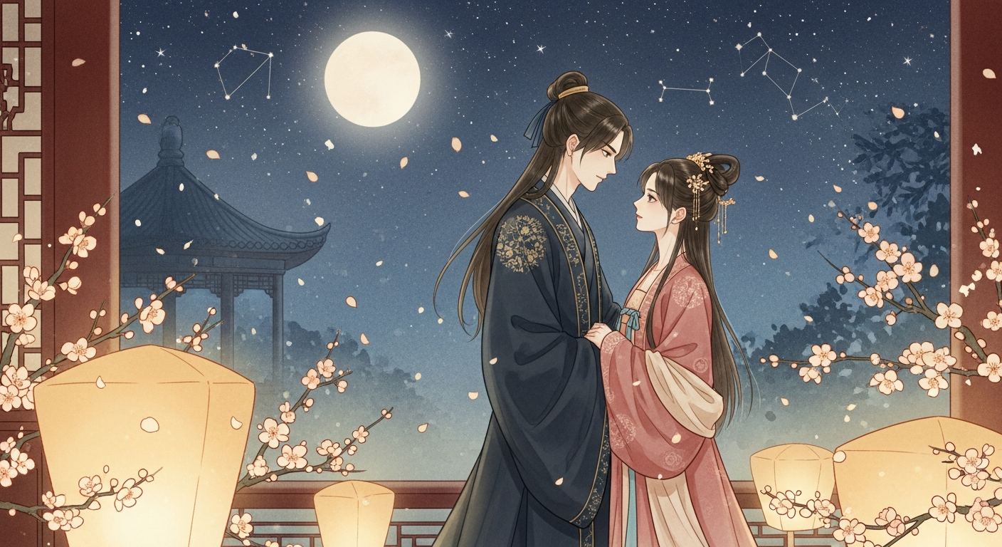 唐代の貴公子とお姫様が満月と星空の下で密会する古典的な水墨水彩画