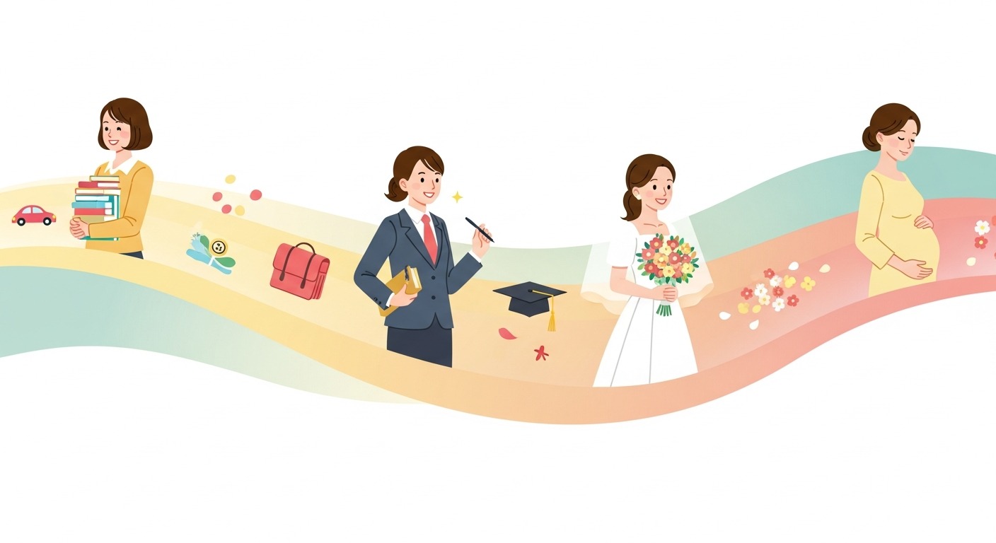 幼少期・学生・結婚・出産と歩む女性の一生を左から右へ描いたイラスト(六星占術の運命周期・大殺界の時期のイメージ)