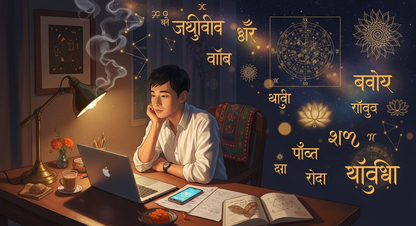 机に向かう男性のイラスト。背景にインド占星術のチャート、Devanagari風の装飾文字、ロータスとマンダラ、ナクシャトラの星座が金とサフラン色で散らばる、インド占星術アプリ・ソフト紹介記事のヒーロー画像。