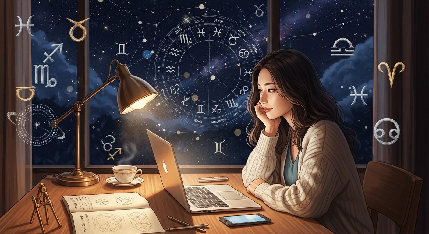 窓辺でノートパソコンに向かう女性のイラスト。背景に大きなホロスコープwheel、黄道12星座の記号、惑星のシンボルが散らばる、西洋占星術アプリ・ソフト紹介記事のヒーロー画像。