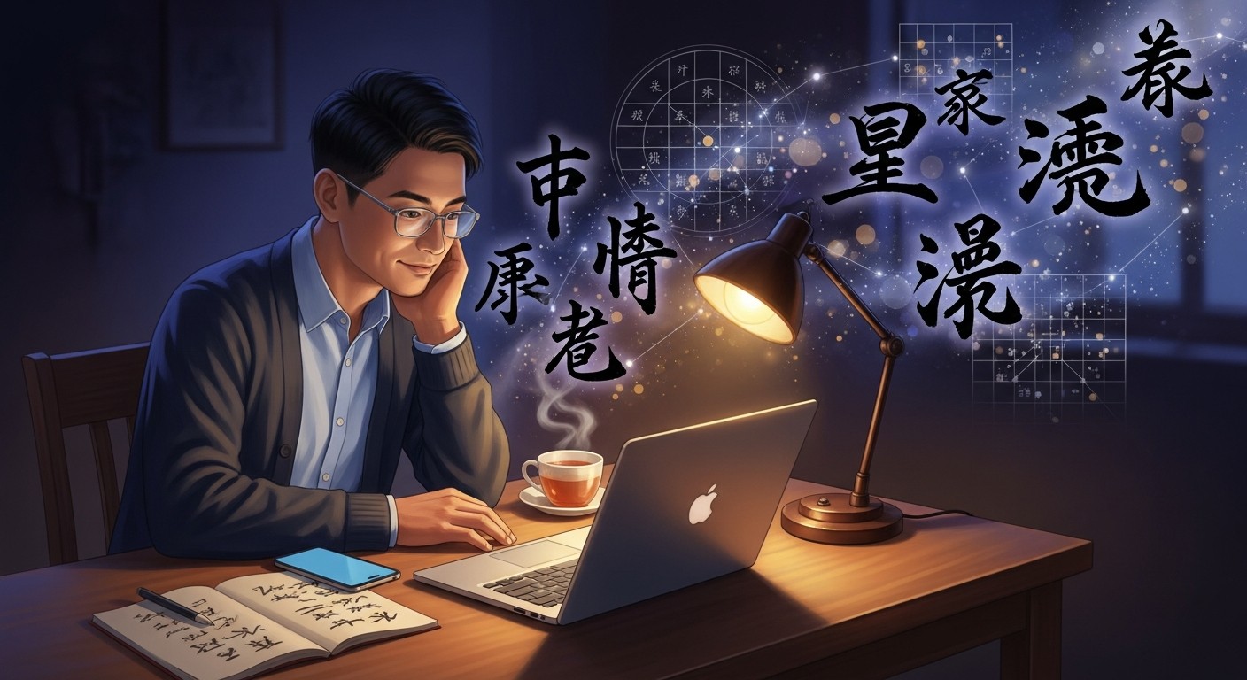 ノートパソコンに向かう若い男性のイラスト。背景に紫微斗数の十四主星・四化・命盤グリッドが墨筆風に散らばる、紫微斗数アプリ・ソフト紹介記事のヒーロー画像。