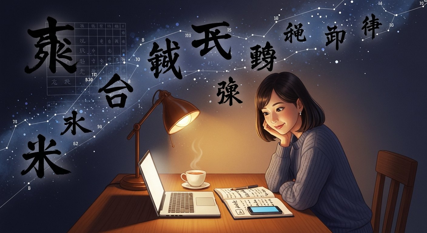 ノートパソコンに向かう女性のイラスト。背景に四柱推命関連の漢字や命式グリッドが墨筆風に散らばる、四柱推命アプリ・ソフト紹介記事のヒーロー画像。