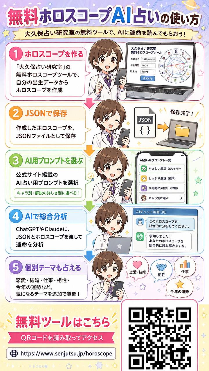 無料ホロスコープAI占いの使い方マンガ図解：5ステップでAIに運命を読んでもらう手順