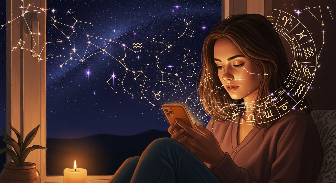 スマートフォンで生成AIによる個別の占い鑑定を受け取る女性と、周囲に浮かぶ星座のイメージ