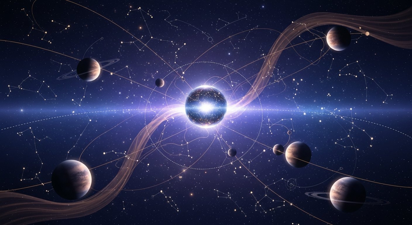 西洋占星術・インド占星術・四柱推命の抽象的な天体イメージ(惑星と軌道、星座の光、クリスタル球)