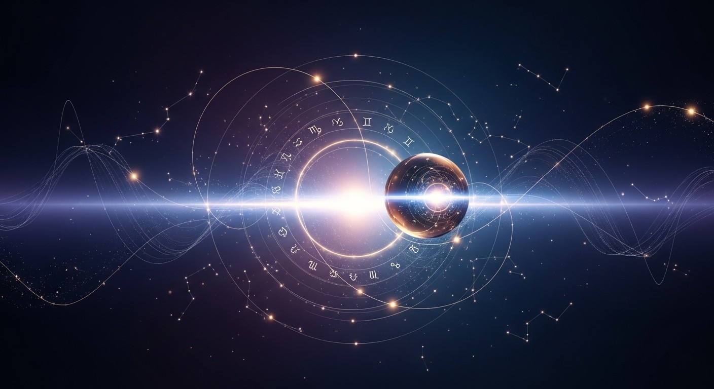 西洋占星術・インド占星術・四柱推命の抽象的な天体イメージ(黄道の輪と惑星、星座の光)