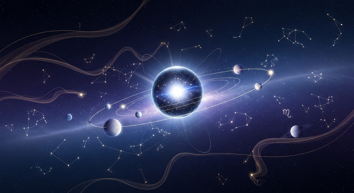 西洋占星術・インド占星術・四柱推命の抽象的な天体イメージ(黄道の輪と惑星、星座の光)