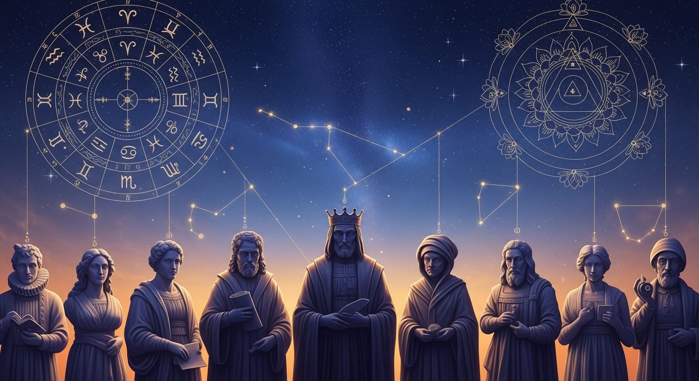 Anonymous classical historical archetypes beneath a starry night sky, with a Western zodiac wheel and an Indian Vedic mandala glowing as line art — a sample AI astrology reading illustration.