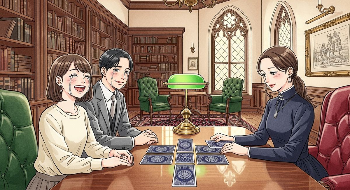 日本風イラスト：タロット占い師のお姉さんがカードを引きながらカップルに鑑定を伝え、カップルが嬉し涙を流しながら笑顔で喜び合う温かい鑑定シーン