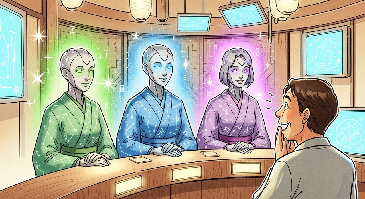 ChatGPT・Gemini・Claudeを思わせる3人の擬人化AI占い師と相談するお客様