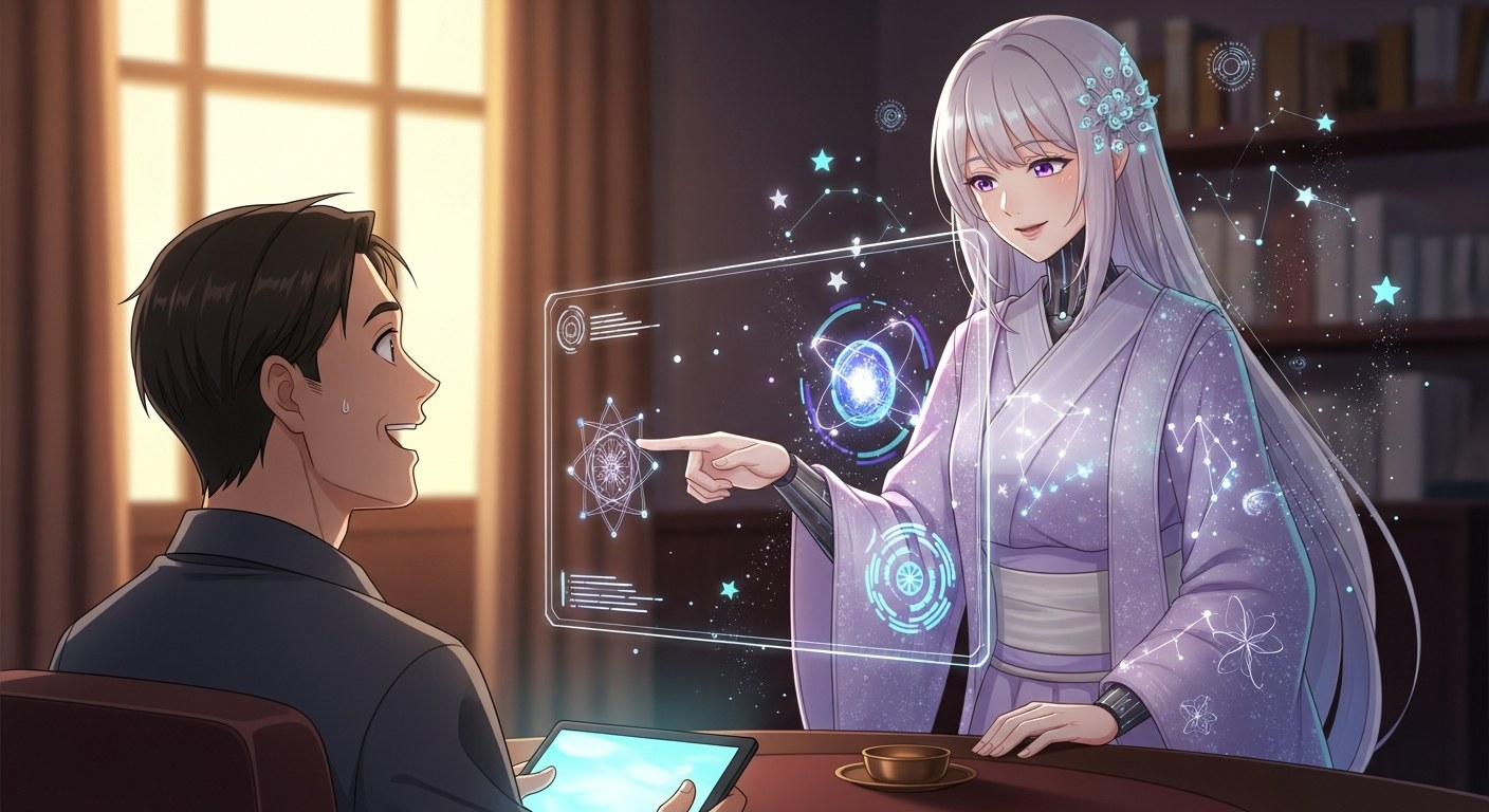AI占いの使い方を教える擬人化AI占い師と、なるほどと喜ぶお客様