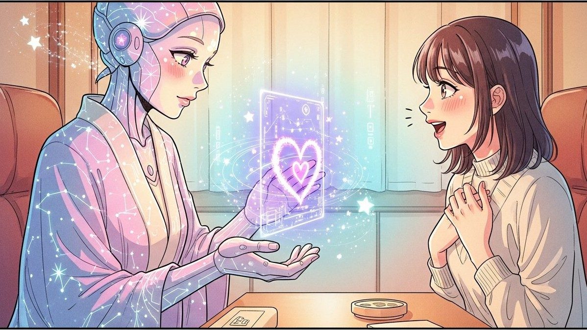 AI占いで恋愛・相性を占い、嬉しそうに驚くお客様｜擬人化AI占い師