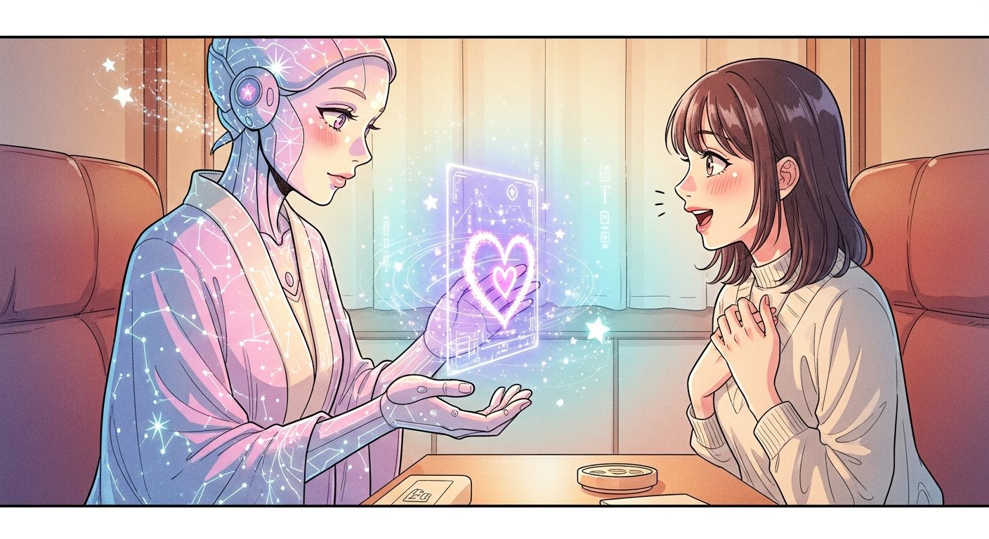 AI占いで恋愛・相性を占い、嬉しそうに驚くお客様|擬人化AI占い師