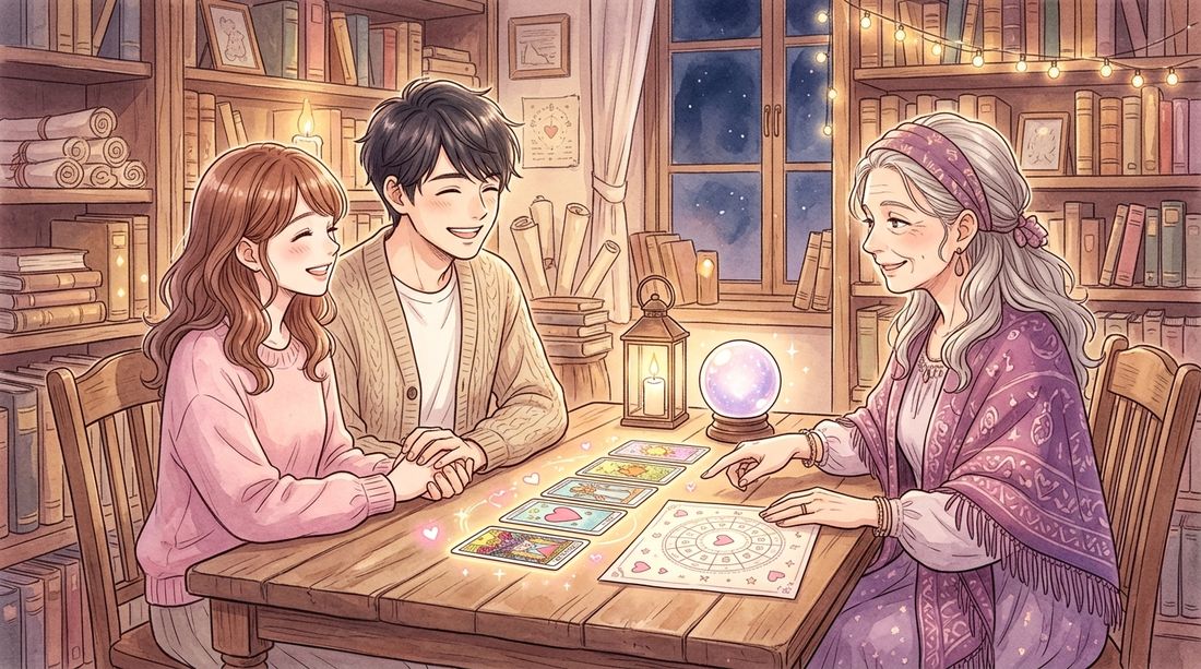 日本漫画風イラスト:欧風の書斎で女性占い師がカップルに相性占いの結果を伝え、二人がハートや星のモチーフを前に嬉しそうに微笑み合う温かな相性鑑定シーン