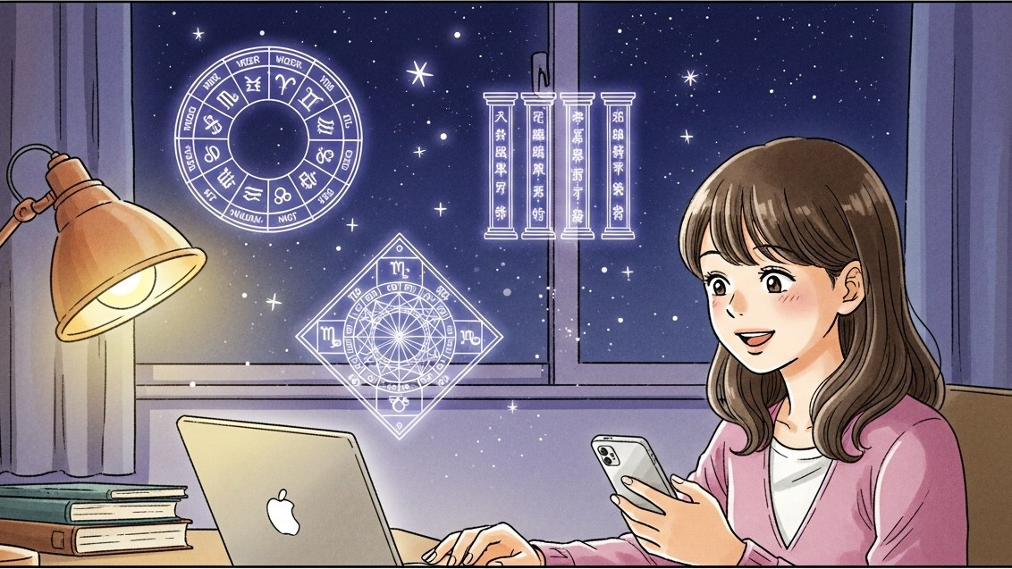 無料ツールで西洋占星術・インド占星術・四柱推命の3種類のホロスコープを同時に作成する女性（イラスト）