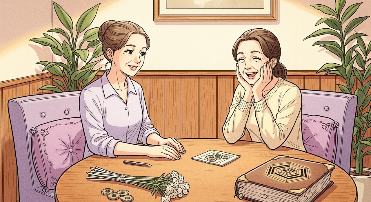 占い師の鑑定を笑顔で聞くお客様（周易・易経）｜占いサロンチャンス 高円寺本店