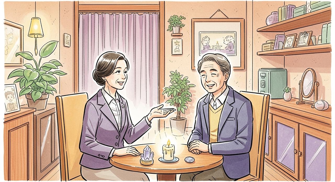 占い師の鑑定を笑顔で聞くお客様（霊視・霊能）｜占いサロンチャンス 高円寺本店