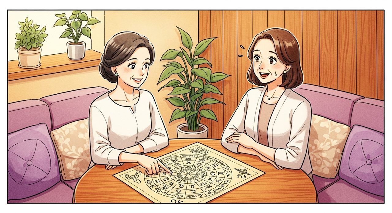 占い師の鑑定を笑顔で聞くお客様（西洋占星術）｜占いサロンチャンス 高円寺本店