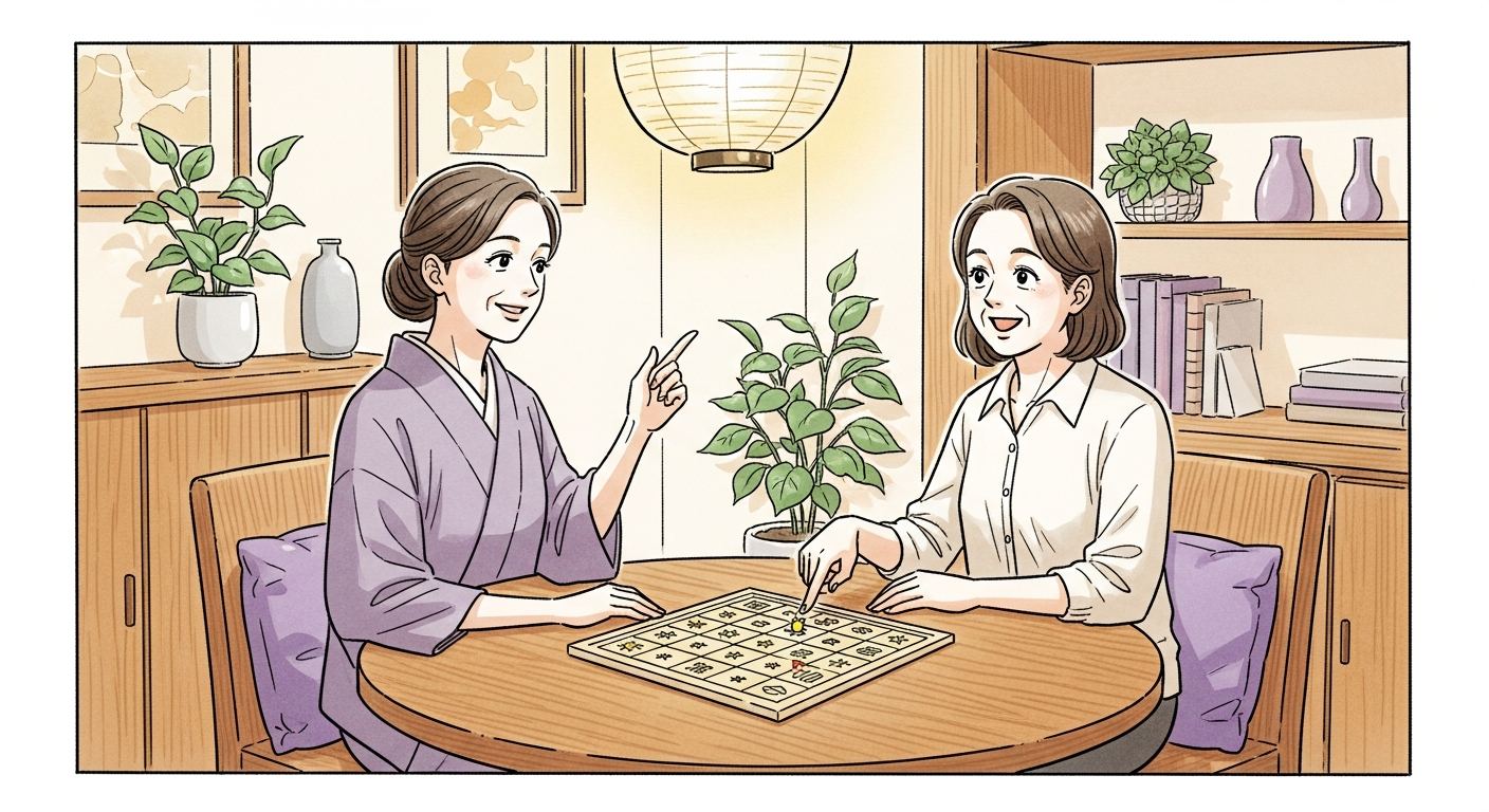 占い師の鑑定を笑顔で聞くお客様（紫微斗数）｜占いサロンチャンス 高円寺本店