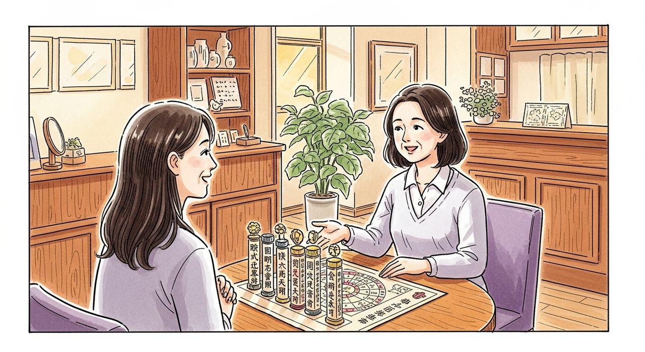 占い師の鑑定を笑顔で聞くお客様（四柱推命）｜占いサロンチャンス 高円寺本店