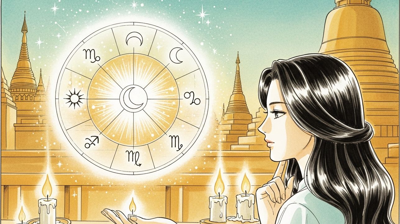 8つの曜日と惑星を円環に配したビルマ占星術(マハボテ)の盤を読み解くイメージ(イラスト)
