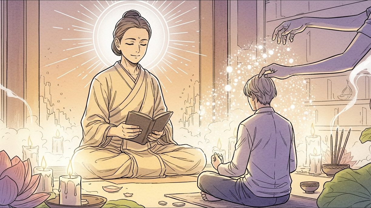 タイ北部の仙人が相談者のエネルギーを読み取るタイ魔術霊視のイメージ(イラスト)