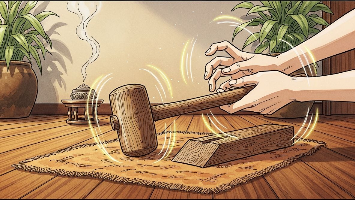 霊木で作られた小槌を使うタイ北部の伝統療法トークセンのイメージ(イラスト)