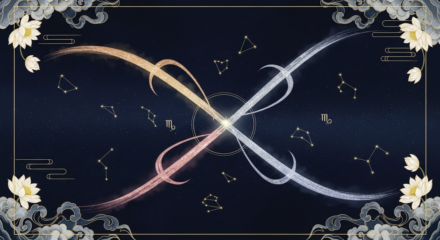 三人の運命を結ぶ三角形の星の配置を描いた、唐代の天文図風の装飾的イラスト
