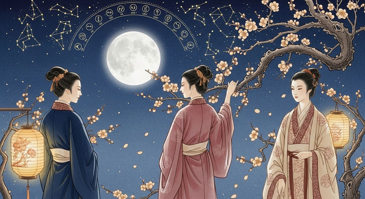 月夜の庭園で一人の人物をめぐり二人が思いを寄せる、恋の三角関係を描いた古典的な水彩画