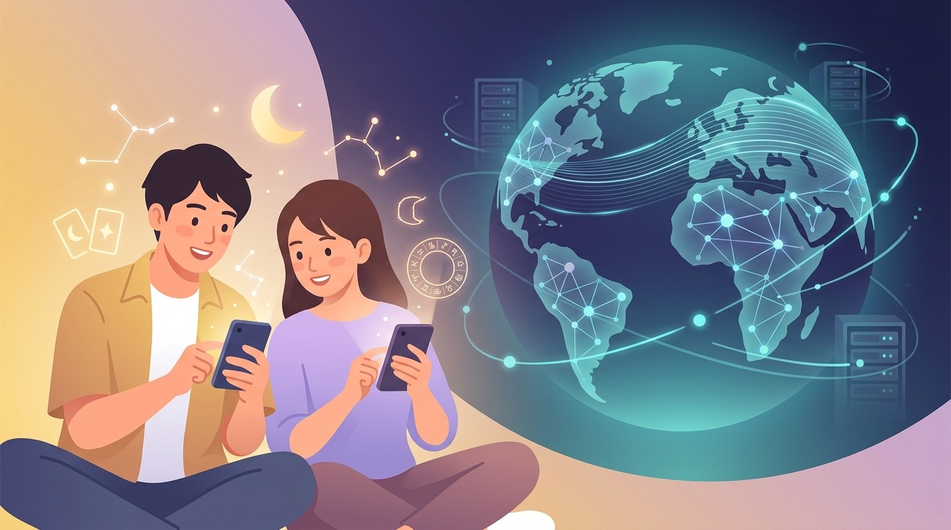 AI占いブームと世界のAI開発競争のイメージ — スマホでAI占いを楽しむ日本の若者と、背後で進む世界規模のAI開発