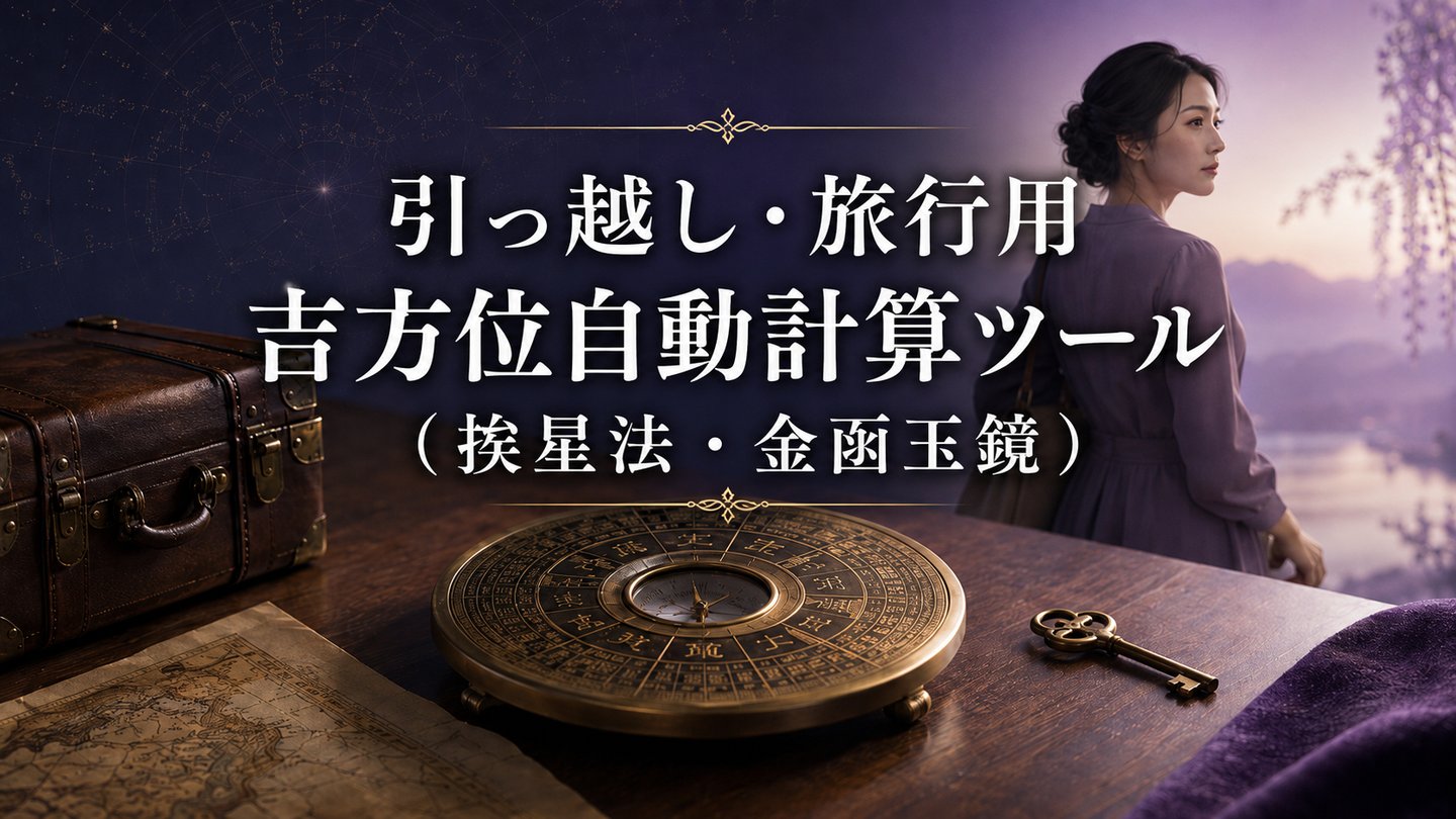 引っ越し・旅行用 吉方位自動計算ツール（挨星法・金函玉鏡）のイメージ。真鍮の方位盤と旅行鞄、古地図