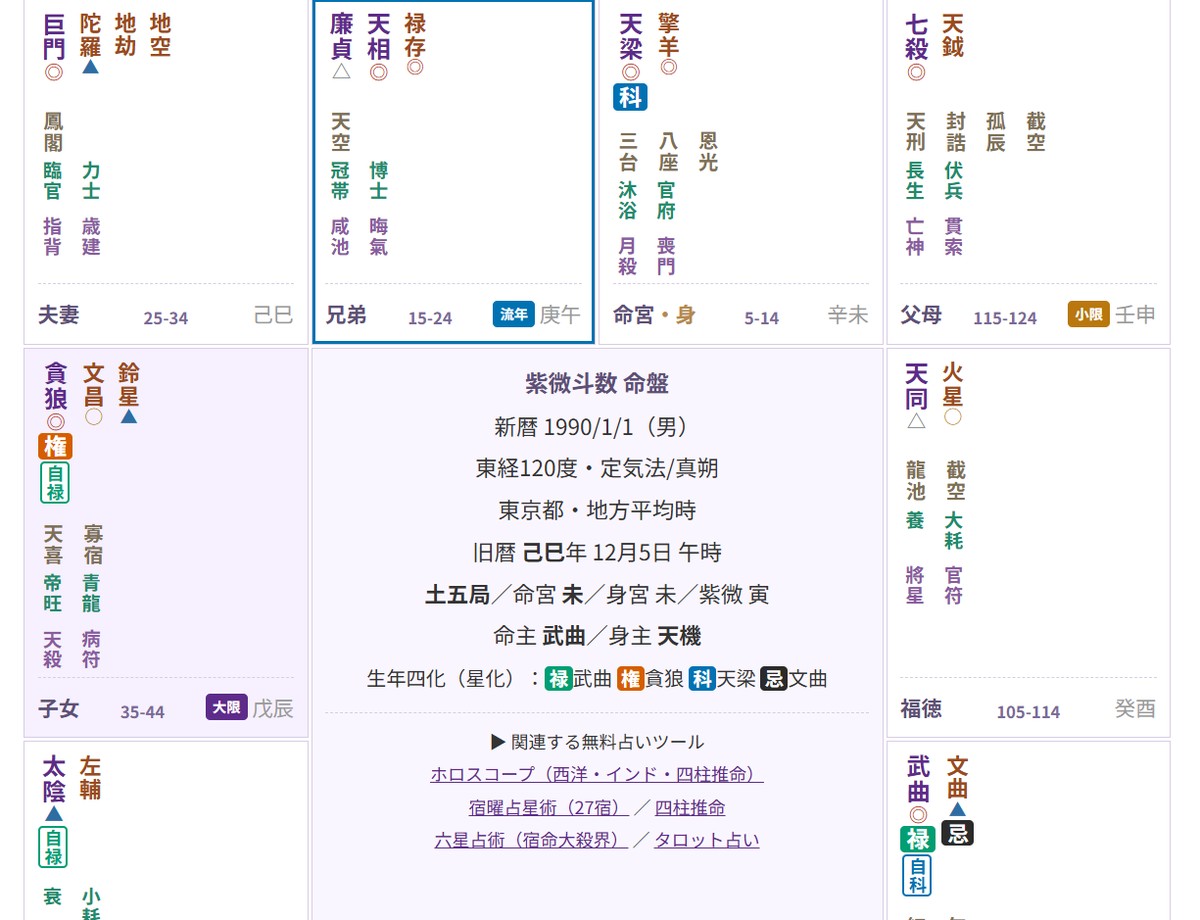 紫微斗数の命盤作成ツールの出力例