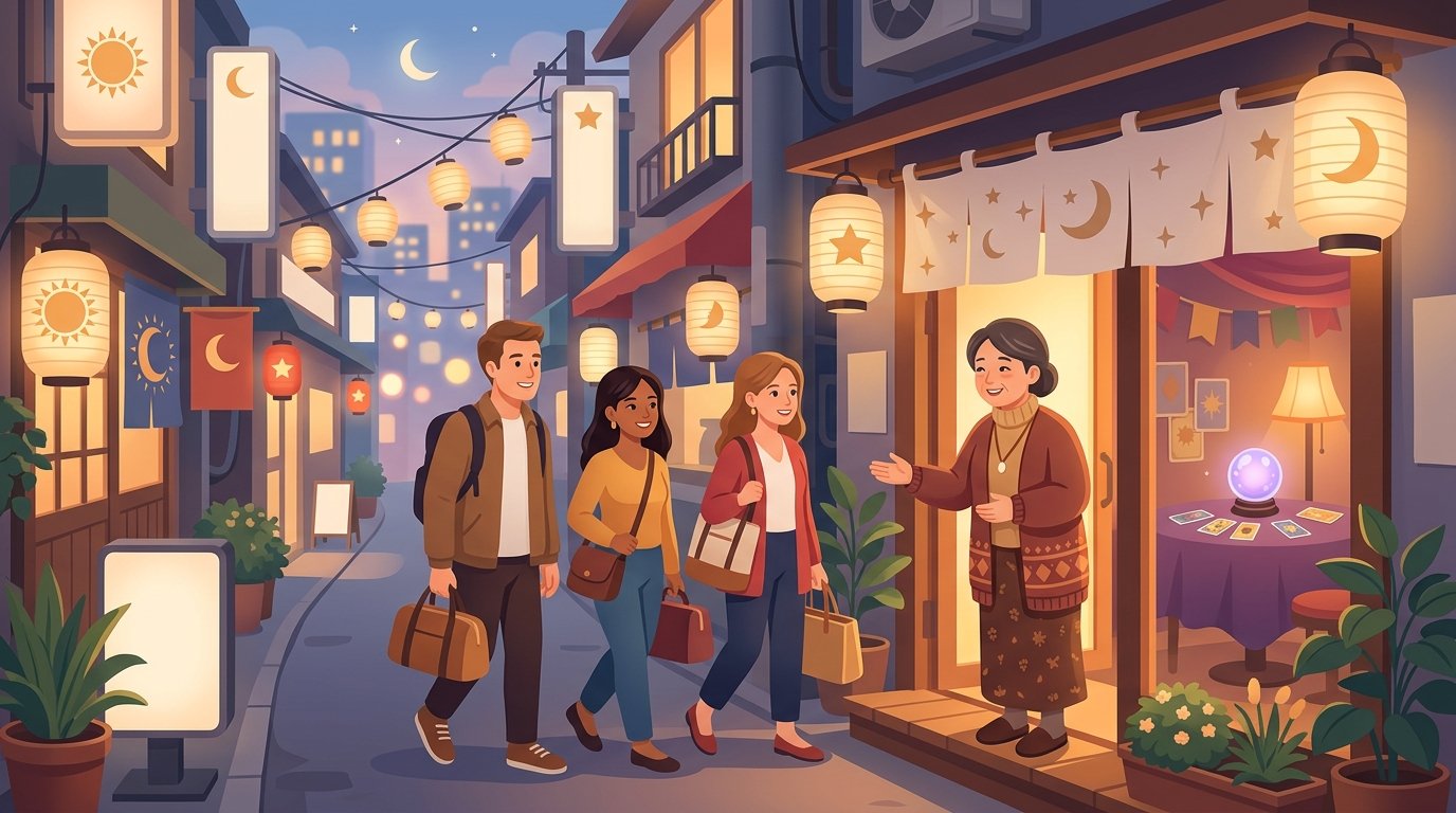 Fortune telling salon in Koenji Tokyo welcoming international visitors — illustration