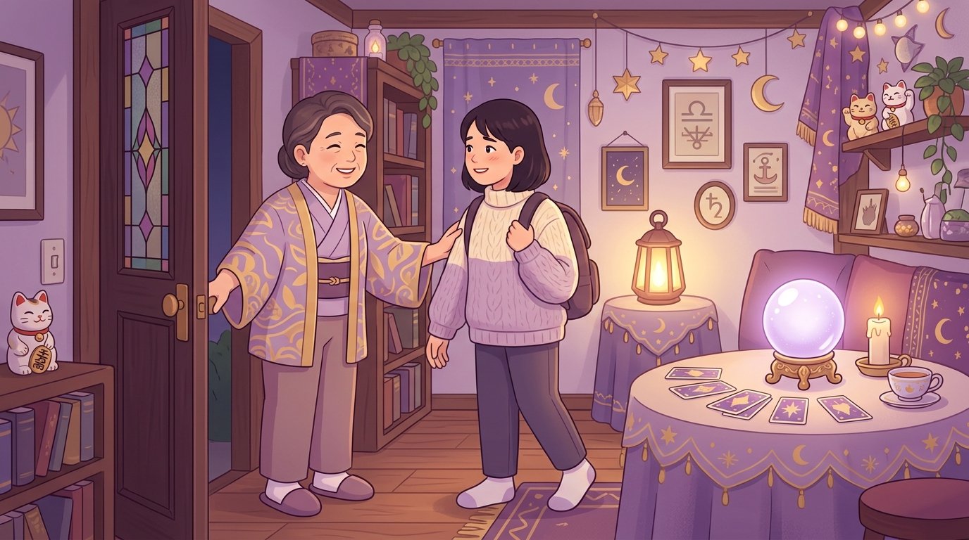 はじめての占いサロン来店イメージ — 温かく迎えられる相談者のイラスト
