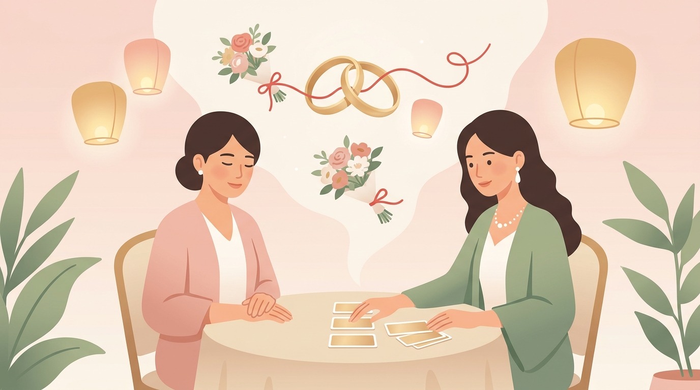 結婚・婚活の占い相談イメージ — 良縁を願う相談者のイラスト