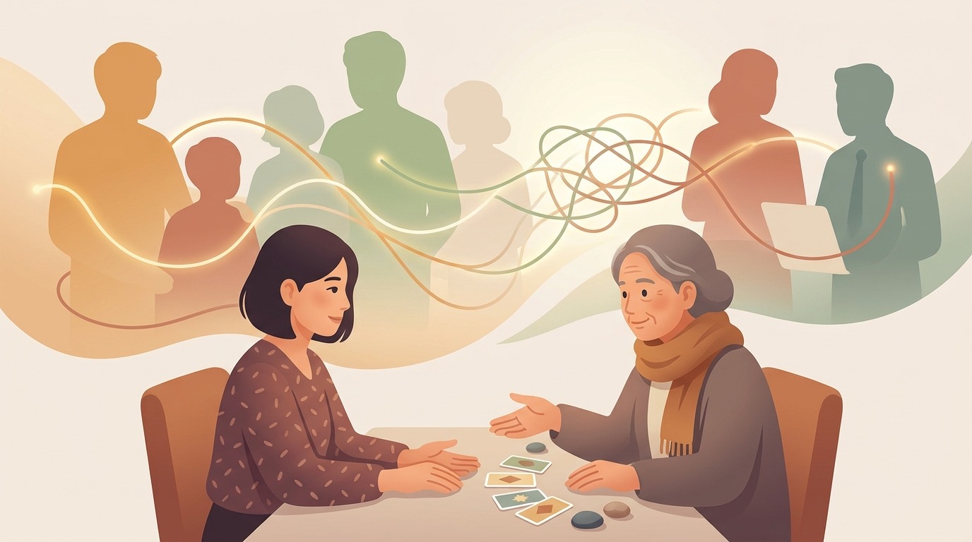 人間関係・家族の占い相談イメージ — 縁の糸で結ばれる人々のイラスト