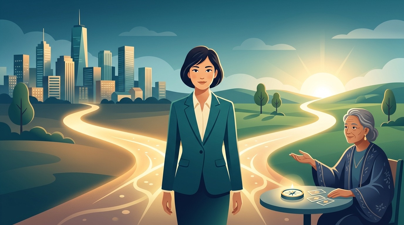 仕事・転職の占い相談イメージ — キャリアの分かれ道に立つ人のイラスト