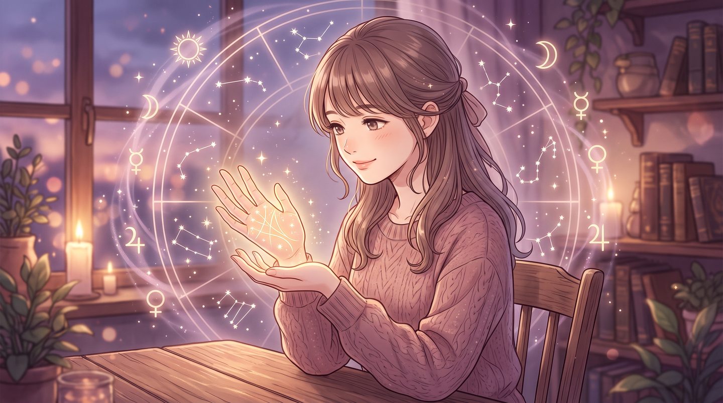 手のひらを見つめる女性と、星座や惑星記号が浮かぶ手相×西洋占星術のイメージ