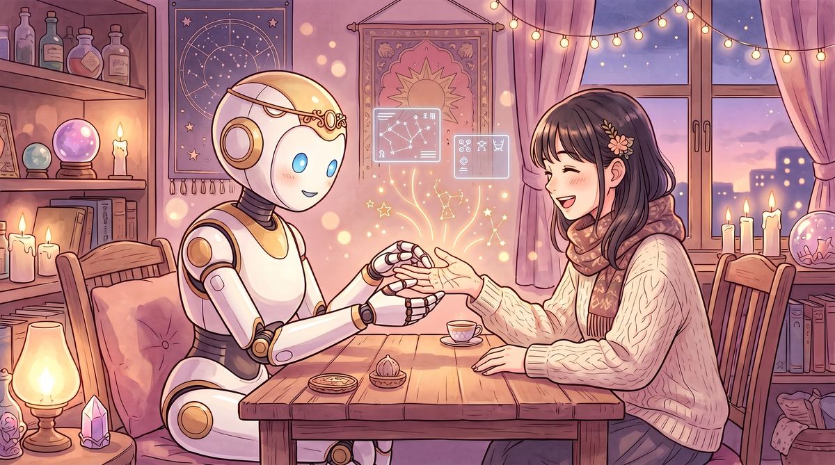 AIの手相見ロボットが女性の手のひらをやさしく鑑定しているイラスト(手相の見方ガイド)
