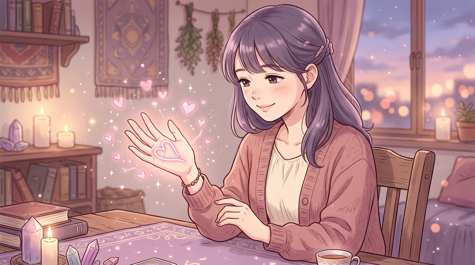 感情線がピンクに光る手のひらを見つめる女性。まわりにハートが舞うイラスト