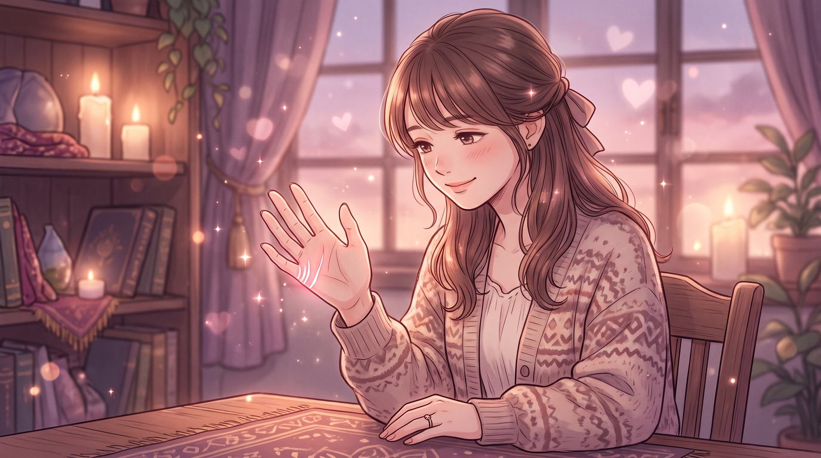手のひらの側面の結婚線がバラ色に光るのを見て微笑む女性のイラスト