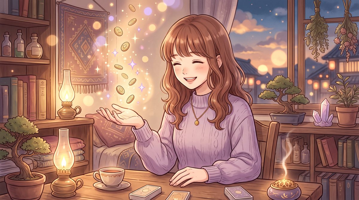 手のひらの上に金色のコインが舞う、うれしそうな女性のイラスト(手相で見る金運)