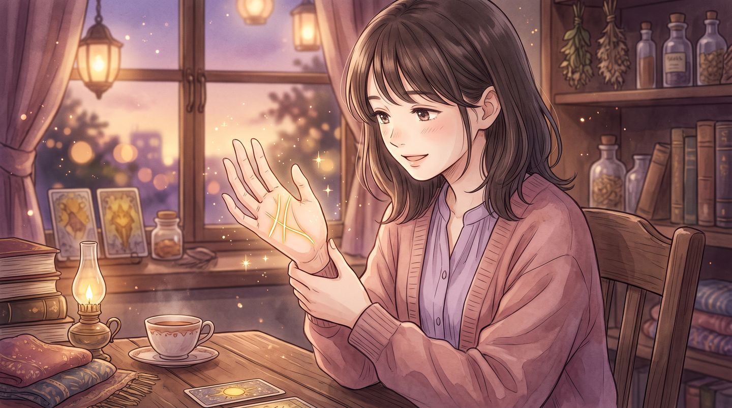 手のひらを一直線に横切るますかけ線が金色に光るのを見て微笑む女性のイラスト