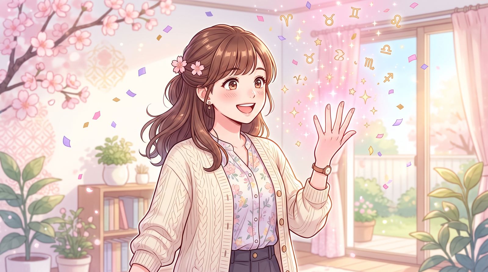 手のひらから星座の記号ときらめきが舞い上がるのを見て喜ぶ女性(手相セルフチェック公開)